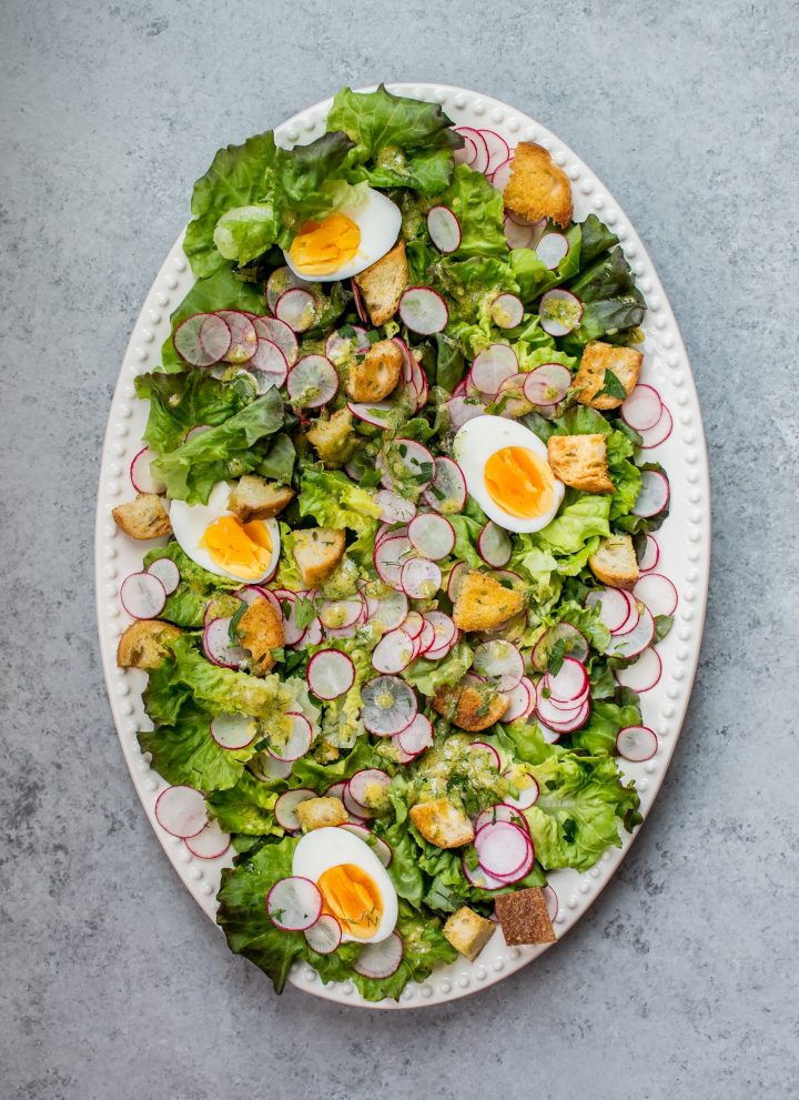 This butter leaf lettuce salad with a lemon dill dressing, garlic croutons, hard-boiled eggs, and radishes is the perfect easy-to-make showstopping summer salad!