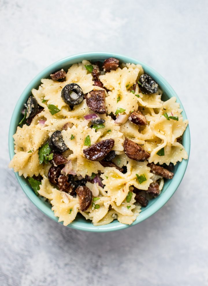 This crispy chorizo pasta salad is a fast, easy, and versatile pasta salad that can be a main course or side dish. Spicy chorizo and a zesty vinaigrette make this pasta salad a winner! 