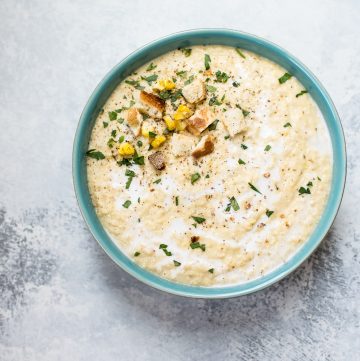 This vegan roasted corn and cauliflower soup is a simple, hearty, and wholesome soup!