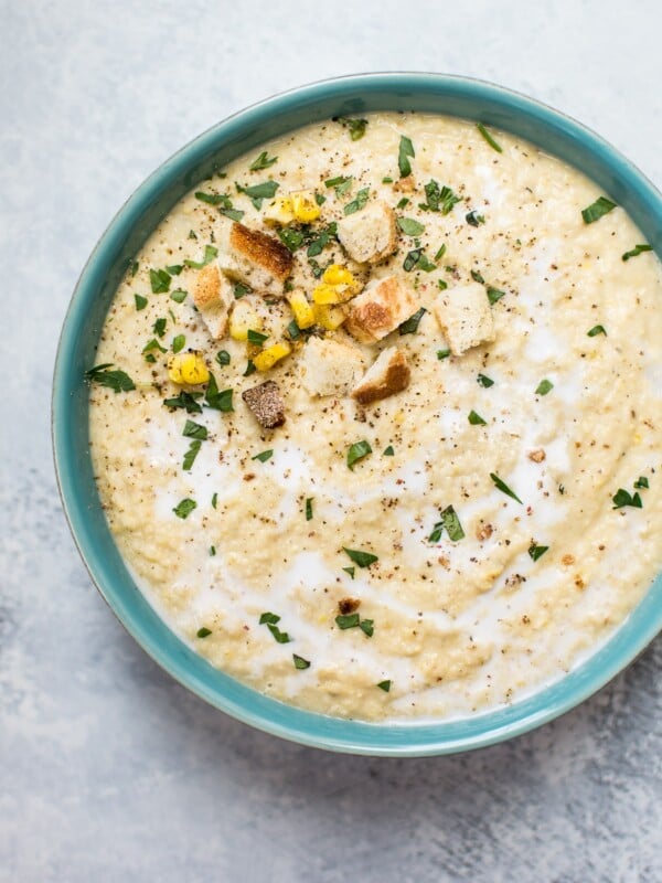 This vegan roasted corn and cauliflower soup is a simple, hearty, and wholesome soup!