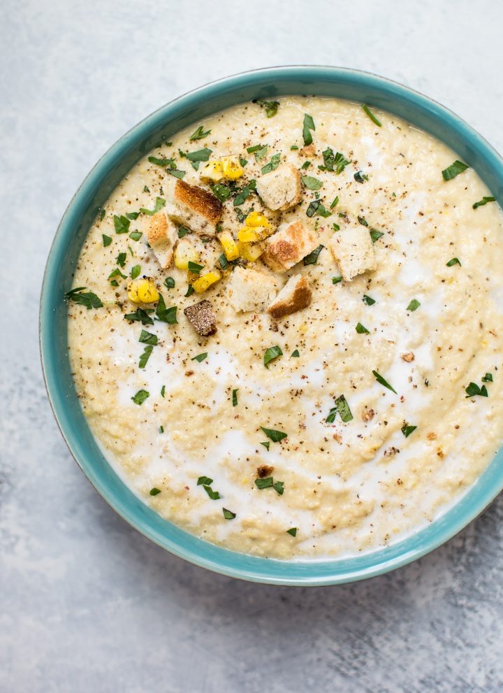 This vegan roasted corn and cauliflower soup is a simple, hearty, and wholesome soup!