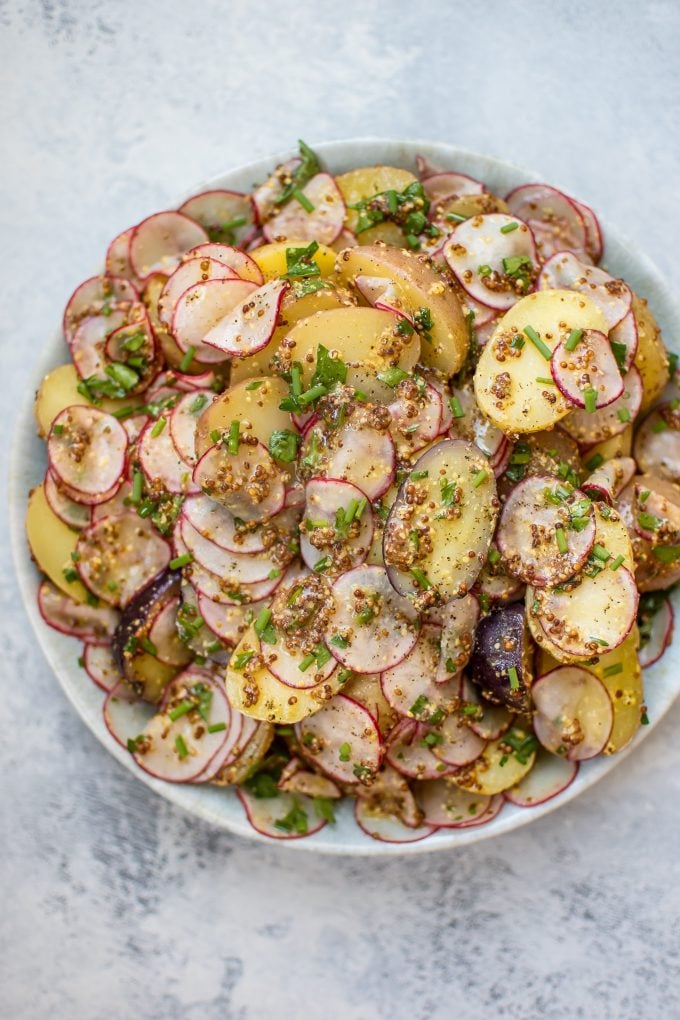 close-up of potato salad with grainy mustard dressing