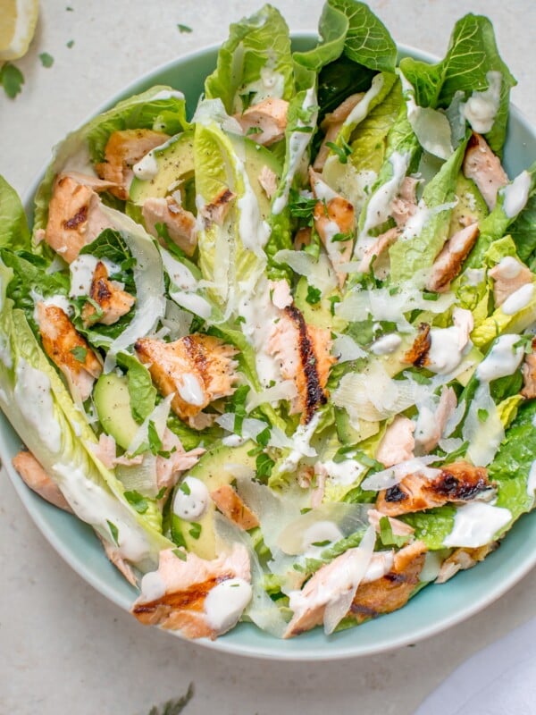 This healthier grilled salmon Caesar salad is lightened up so you can have that fabulous Caesar taste without all the extra calories.