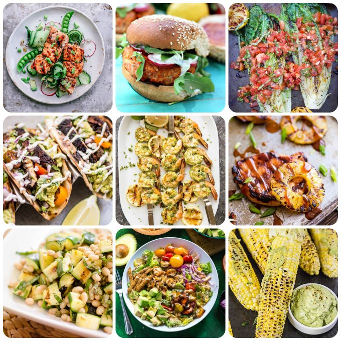 collage with nine photos of recipes in 20 healthy summer grilling recipes roundup