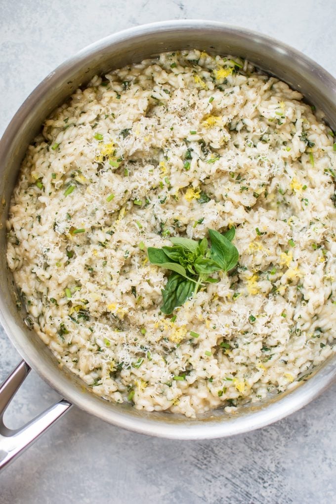 vegetarian lemon herb risotto in a skillet