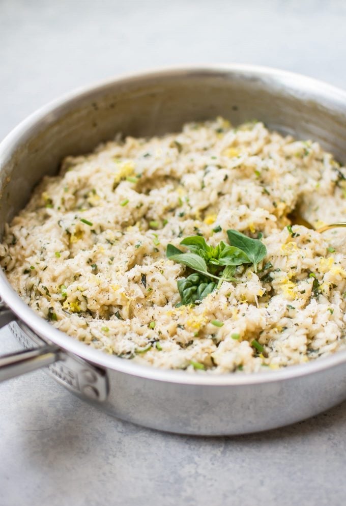 close-up of vegetarian lemon herb risotto in metal skillet