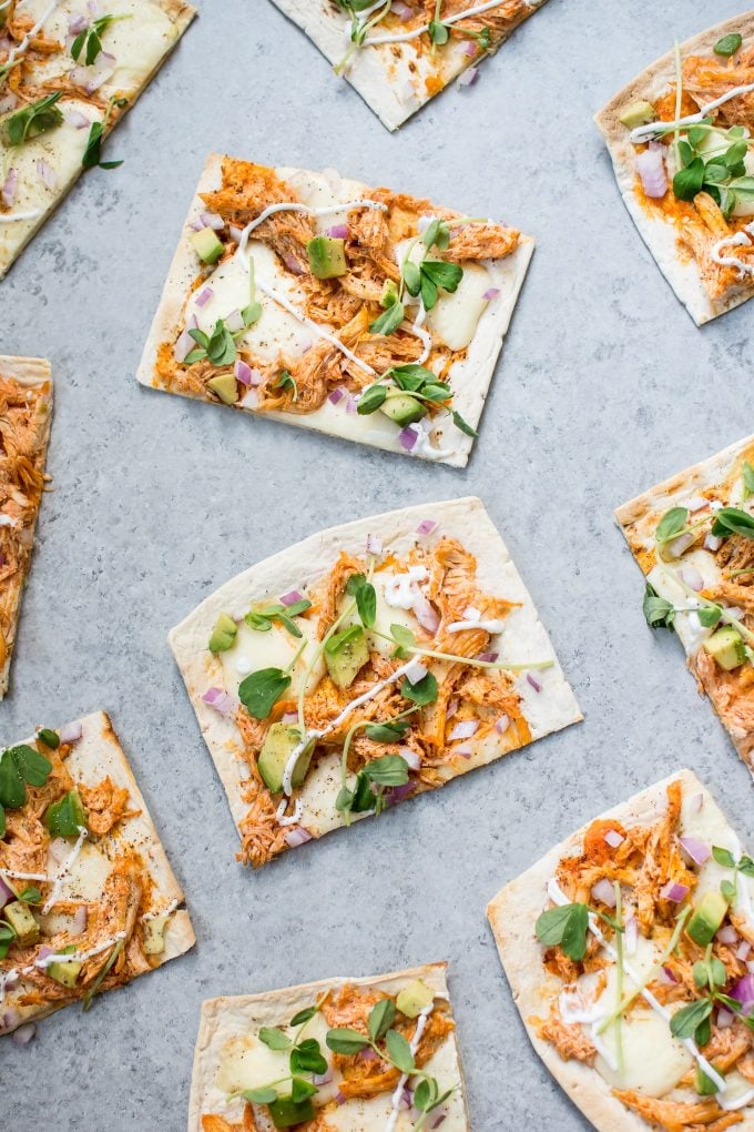 several slices of skinny buffalo chicken flatbread pizza