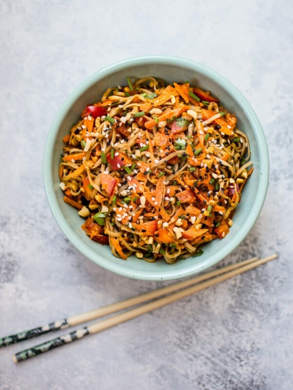 This cold soba noodle salad with a spicy peanut sauce is an incredibly flavorful vegan meal with the perfect amount of crunch and freshness.
