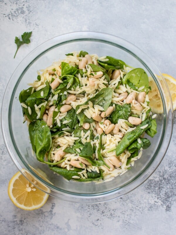 This spinach orzo salad with white beans is a simple and healthy summer side dish with the fresh flavors of lemon and basil.