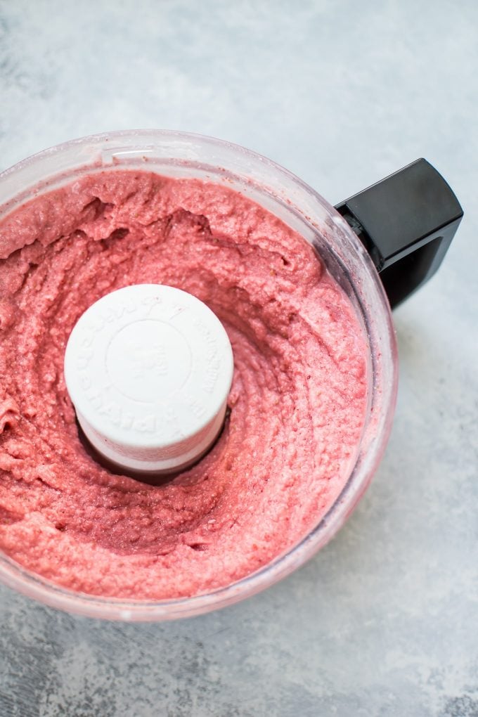 food processor with vegan strawberry ice cream