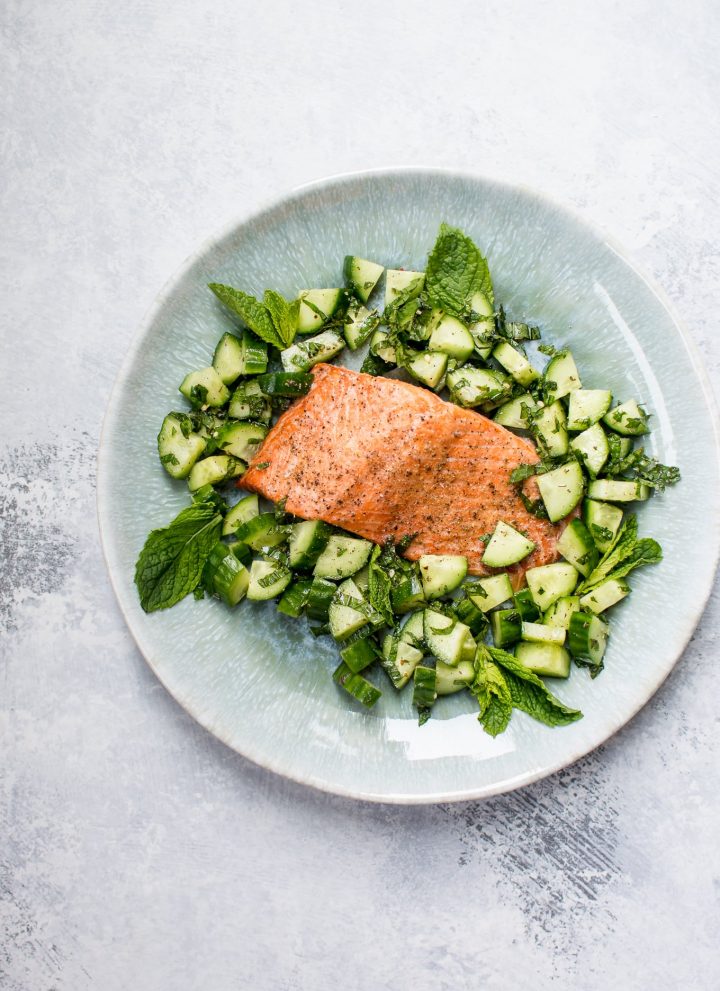 This healthy baked salmon with cucumber mint salsa is a quick, tasty, and fresh meal!