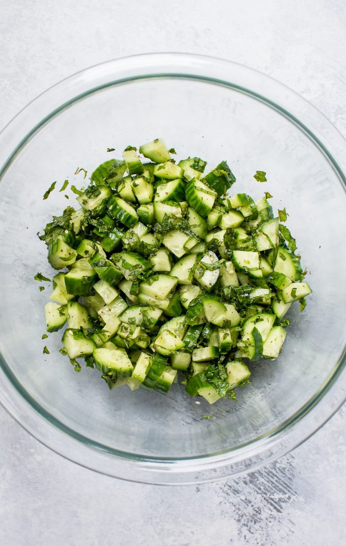 glass bowl with cucumber mint salsa