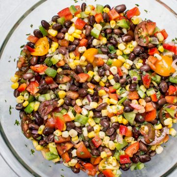 glass bowl with corn and black bean salad