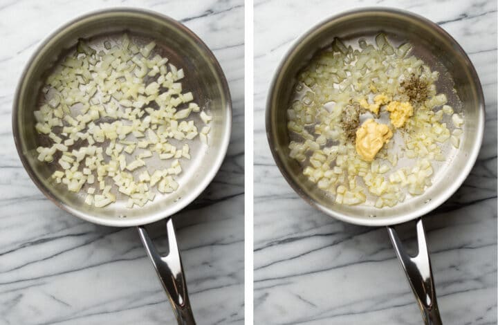 sauteing onion and adding seasonings in a pan