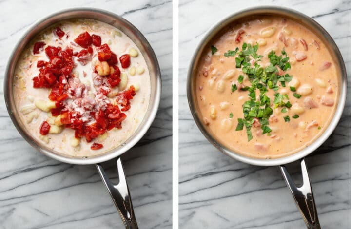 adding in cream, tomatoes, gnocchi, and basil to a pan