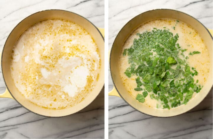 adding noodles and fresh herbs to a pot of thai green curry soup