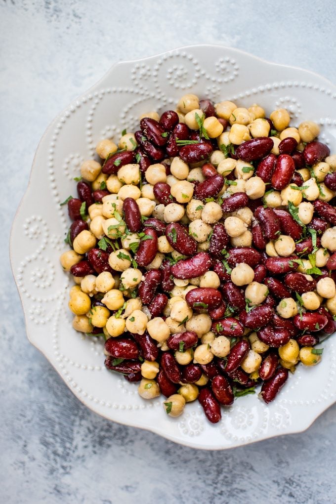 close-up of five-ingredient kidney bean and chickpea salad in a bowl
