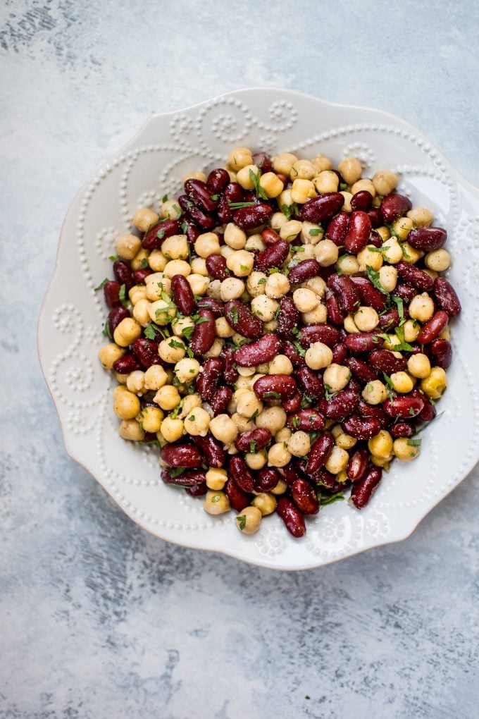 white bowl with kidney bean and chickpea salad