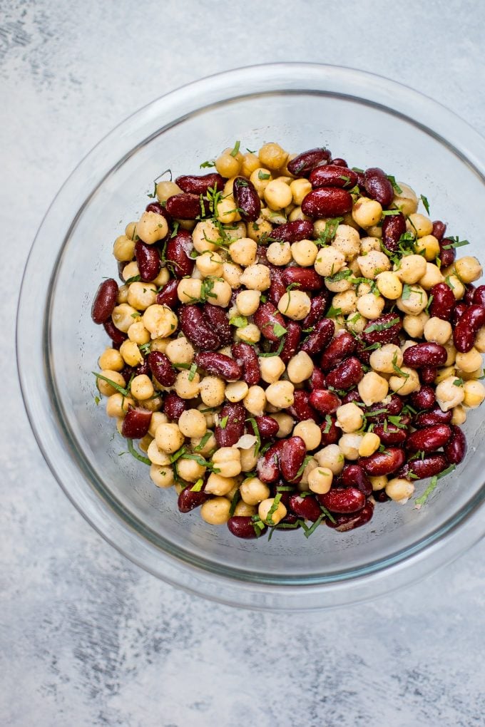 glass bowl with easy kidney bean and chickpea salad