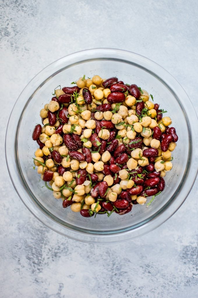 glass bowl with kidney bean and chickpea salad