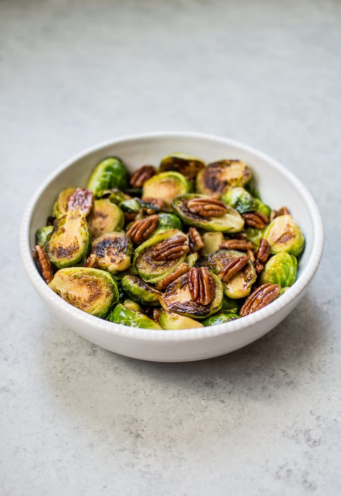 bowl of pecan maple roasted Brussels sprouts