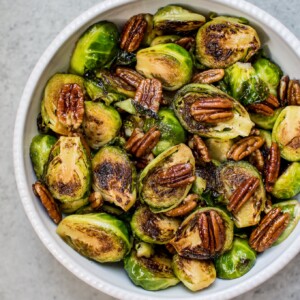 These maple pecan Brussels sprouts are the perfect savory-sweet side dish. Easy to make and ready in less than 20 minutes!