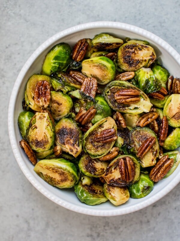 These maple pecan Brussels sprouts are the perfect savory-sweet side dish. Easy to make and ready in less than 20 minutes!