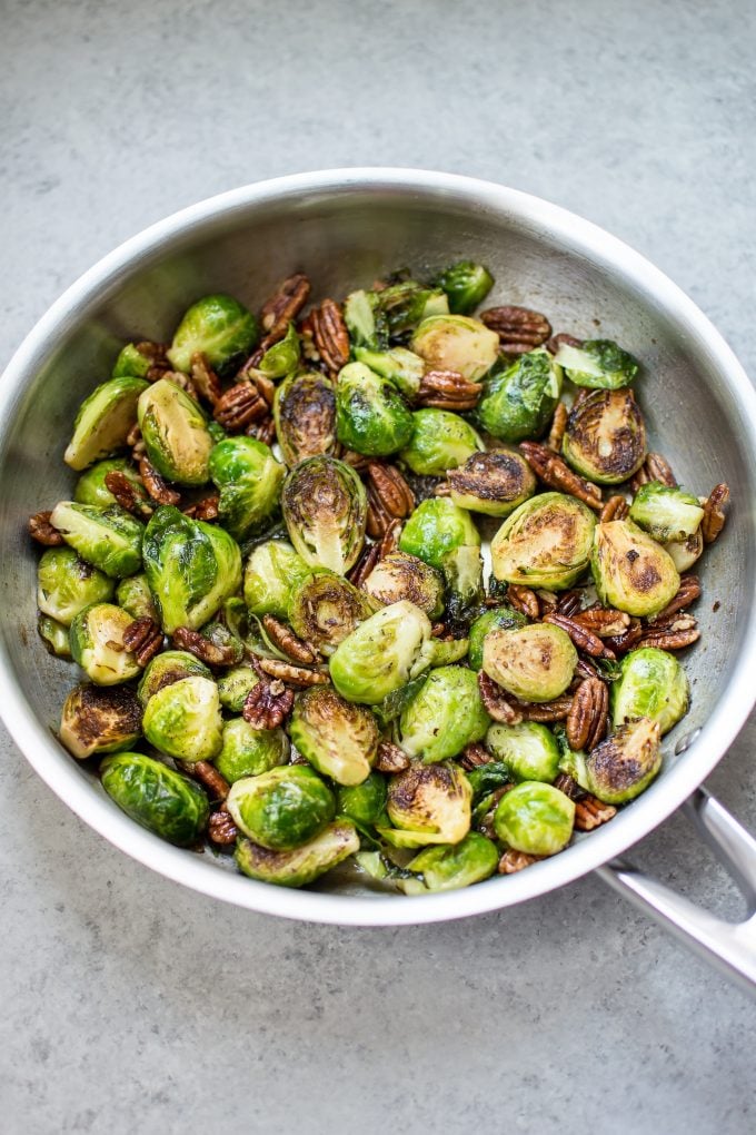 metal skillet with maple pecan Brussels sprouts