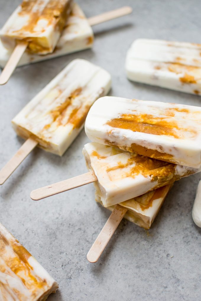 close-up of stacked pumpkin breakfast popsicles