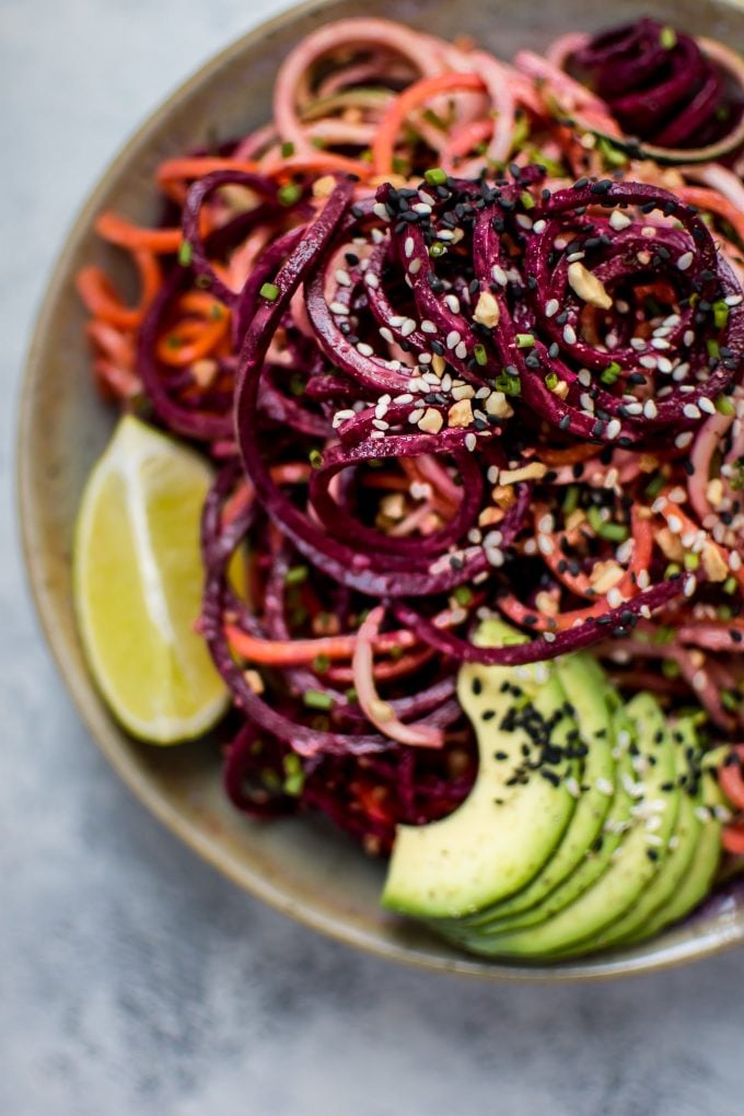 rainbow noodle salad close-up with avocado