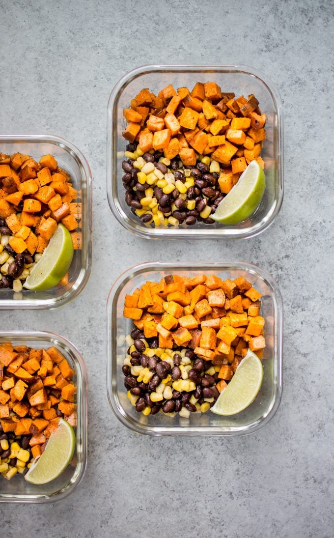 southwest sweet potato vegan meal prep bowls with lime wedges