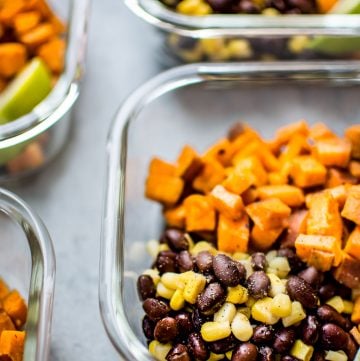 These southwest sweet potato vegan meal prep bowls are a healthy and efficient meal prep idea. You can have 4 delicious meals ready in under 45 minutes!