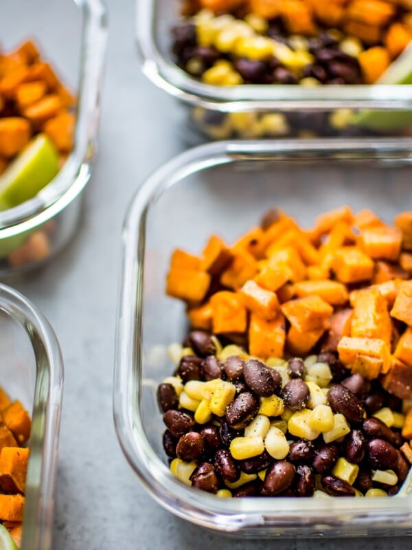 These southwest sweet potato vegan meal prep bowls are a healthy and efficient meal prep idea. You can have 4 delicious meals ready in under 45 minutes!
