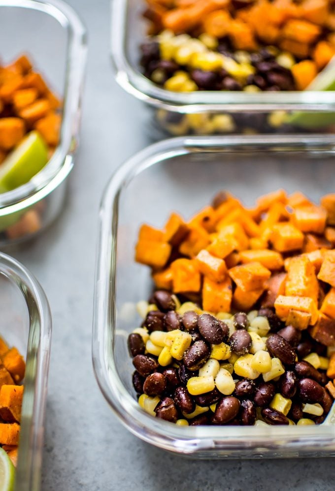 close-up of vegan sweet potato vegan meal prep in glass container