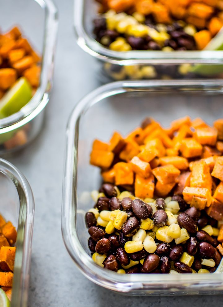 These southwest sweet potato vegan meal prep bowls are a healthy and efficient meal prep idea. You can have 4 delicious meals ready in under 45 minutes!
