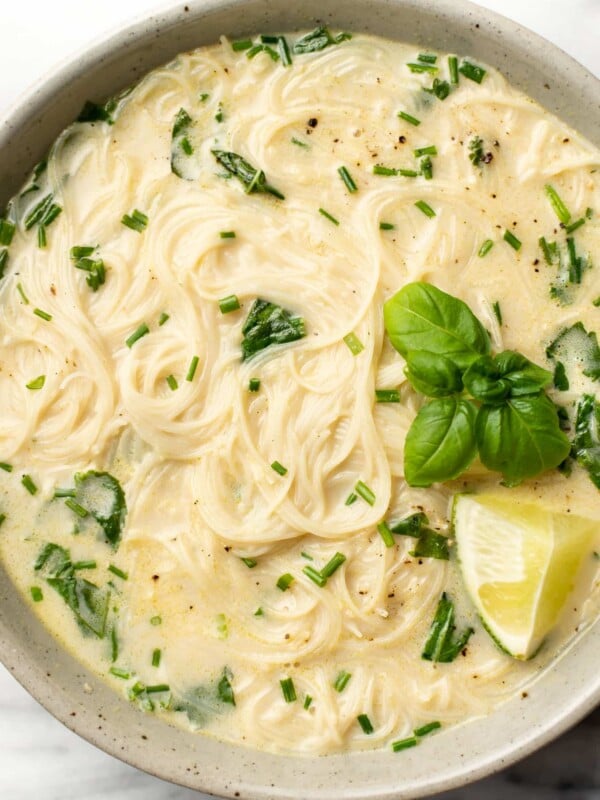 a bowl of vegan thai green curry soup