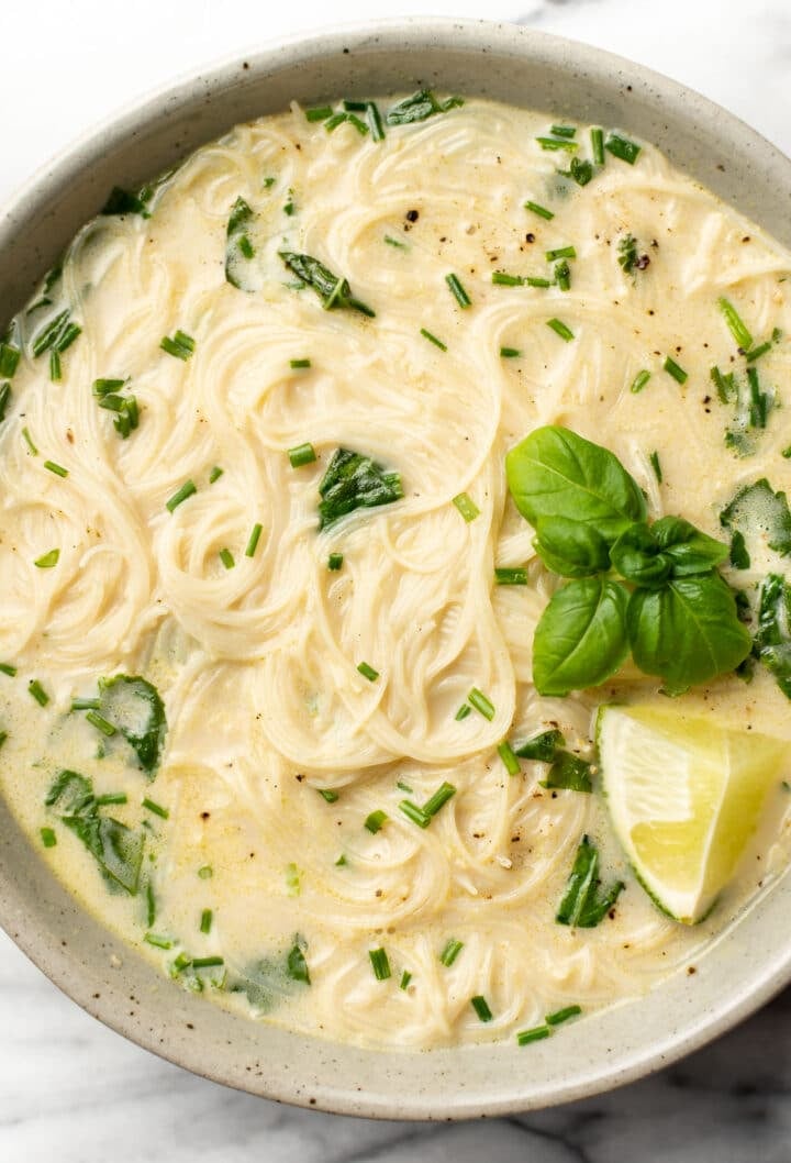 a bowl of vegan thai green curry soup