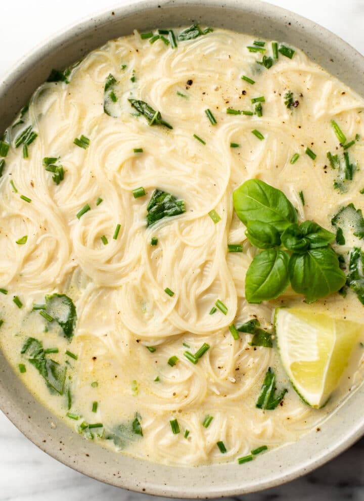 a bowl of vegan thai green curry soup
