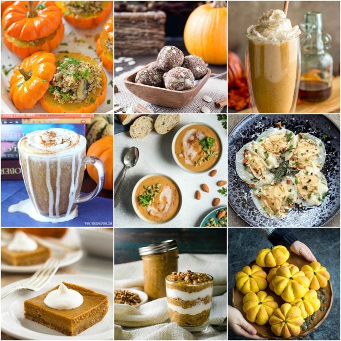 collage with nine photos from roundup of 20 healthy pumpkin recipes