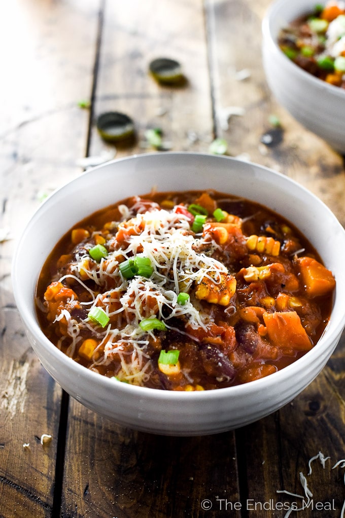 chipotle bourbon pumpkin chili in a white bowl