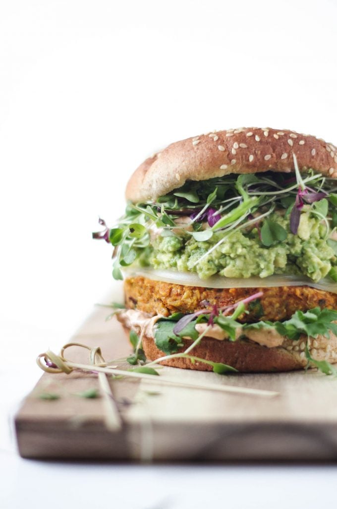 pumpkin veggie burger on a wooden board