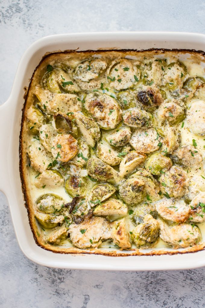 baked garlic parmesan Brussels sprouts in a baking dish