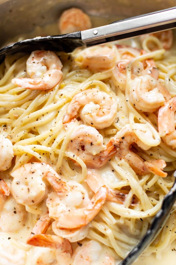 close-up of creamy lemon garlic shrimp pasta