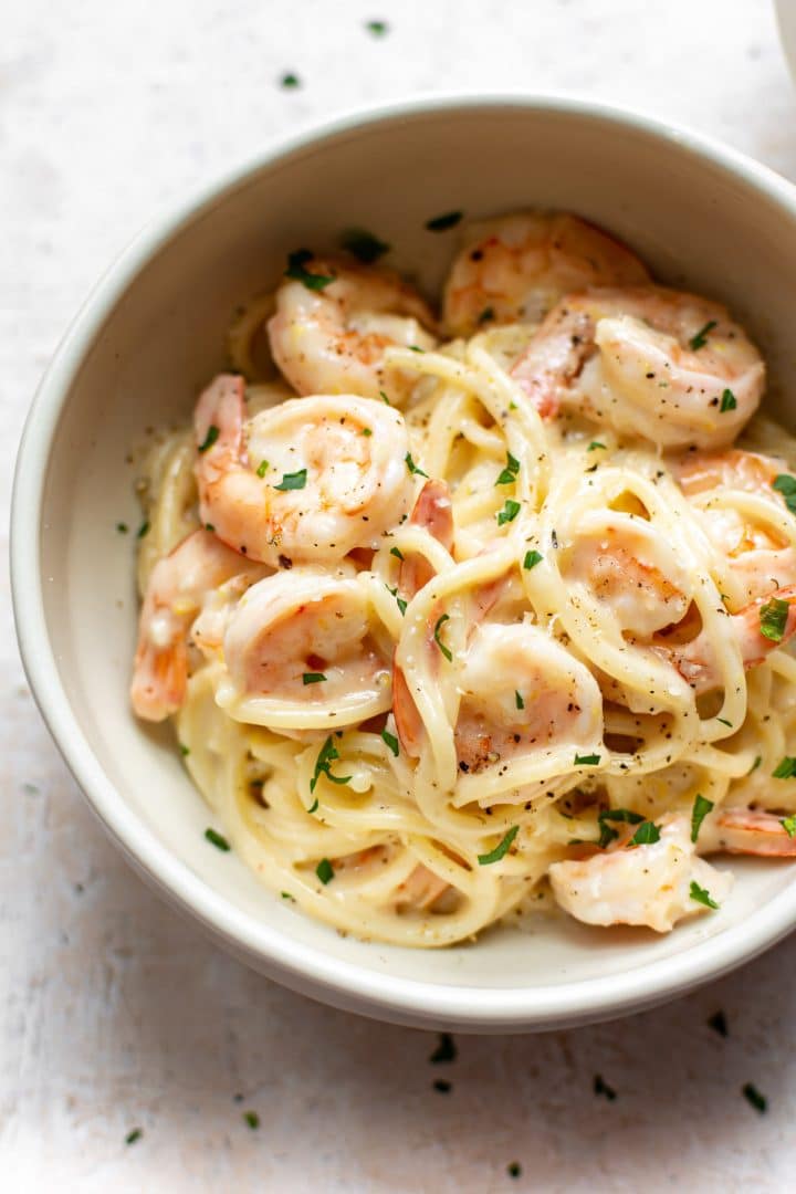 creamy lemon butter shrimp pasta in a bowl