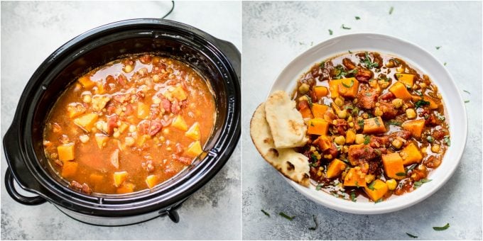 collage with two photos of vegan sweet potato curry in a slow cooker and bowl