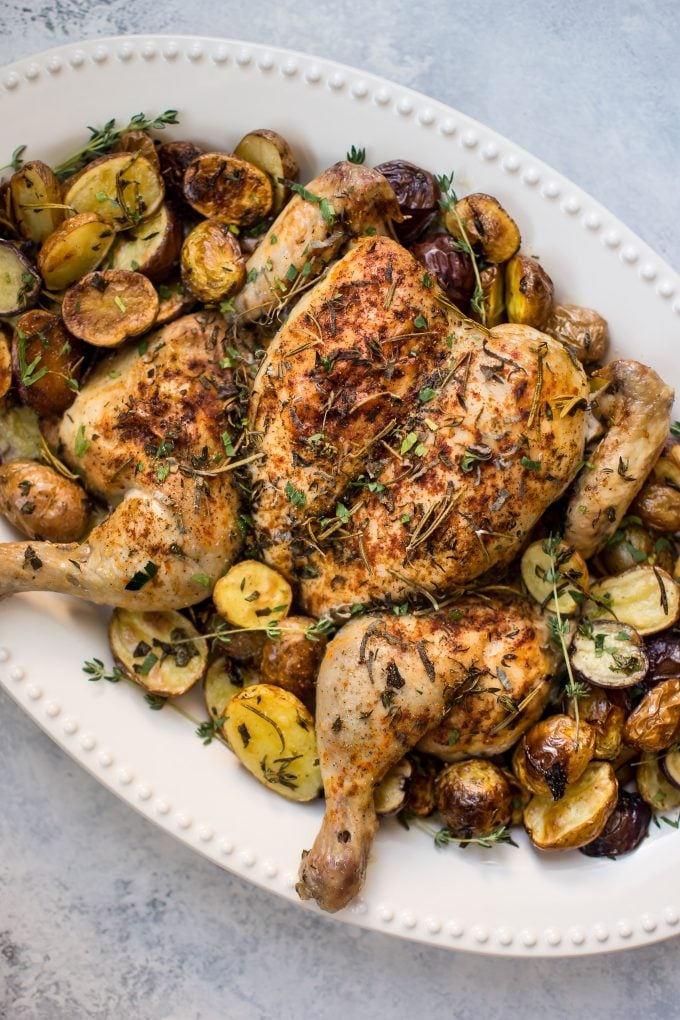 close-up of easy spatchcock chicken and little potatoes