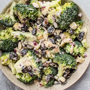 This healthy broccoli salad is a lightened-up version of your favorite! It's crunchy, tangy, sweet, and makes the perfect side dish.