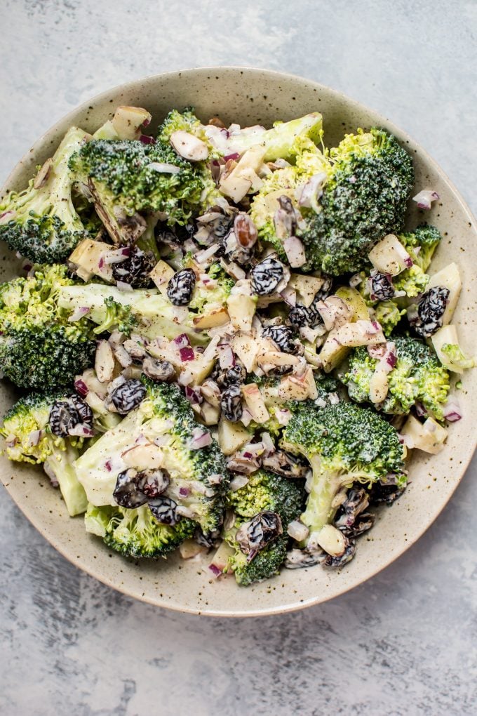 close-up of healthy broccoli salad with tangy and sweet dressing