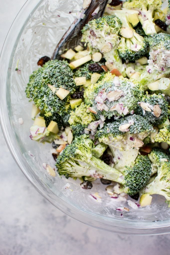 glass bowl with healthy broccoli salad