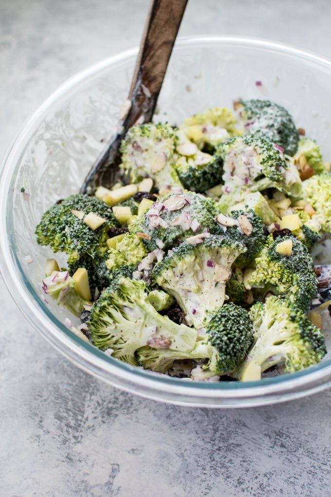 close-up of healthy broccoli salad in a glass bowl